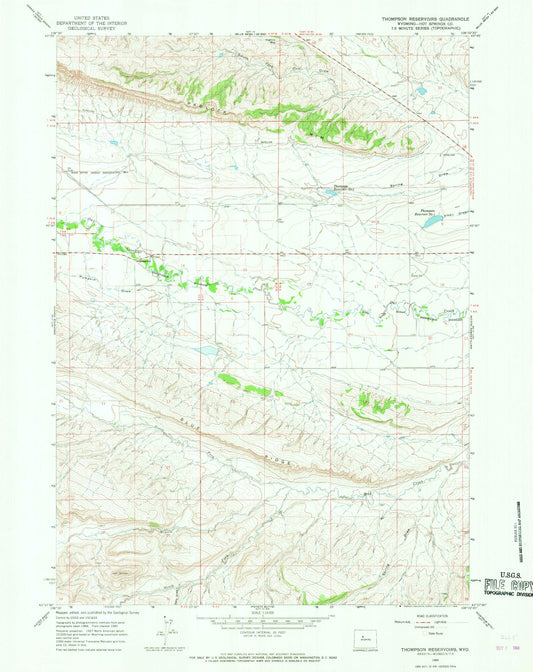Classic USGS Thompson Reservoirs Wyoming 7.5'x7.5' Topo Map Image