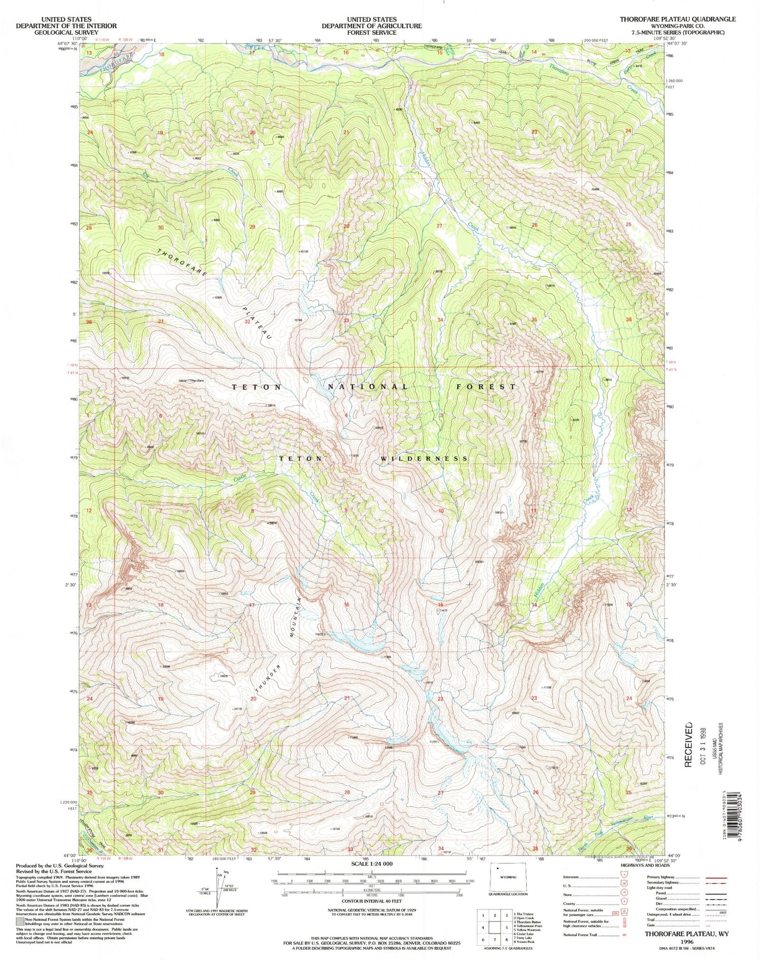 Classic USGS Thorofare Plateau Wyoming 7.5'x7.5' Topo Map Image
