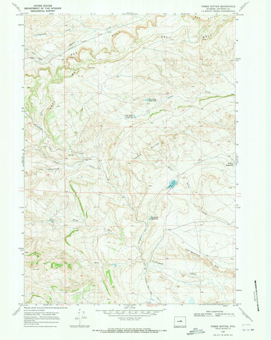 Classic USGS Three Buttes Wyoming 7.5'x7.5' Topo Map Image