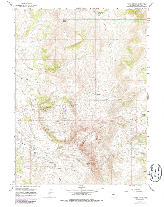 Classic USGS Three Forks Wyoming 7.5'x7.5' Topo Map Image