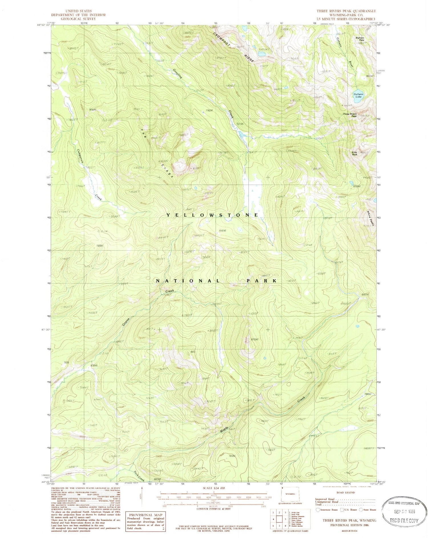 Classic USGS Three Rivers Peak Wyoming 7.5'x7.5' Topo Map Image
