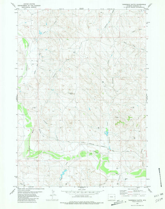 Classic USGS Threemile Butte Wyoming 7.5'x7.5' Topo Map Image