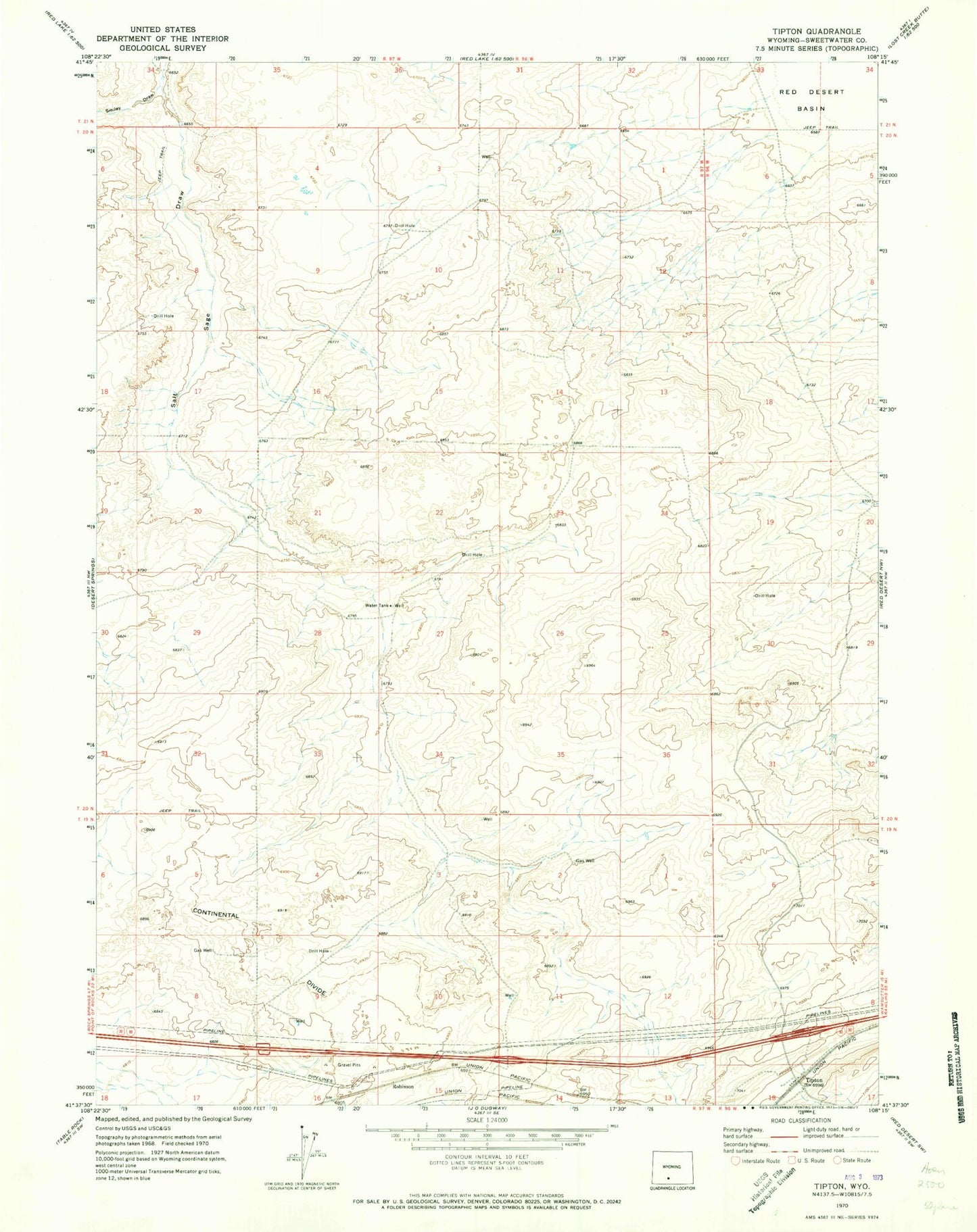 Classic USGS Tipton Wyoming 7.5'x7.5' Topo Map Image