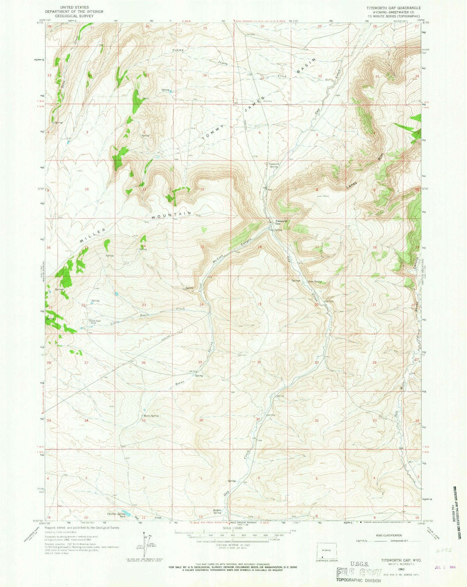 Classic USGS Titsworth Gap Wyoming 7.5'x7.5' Topo Map Image