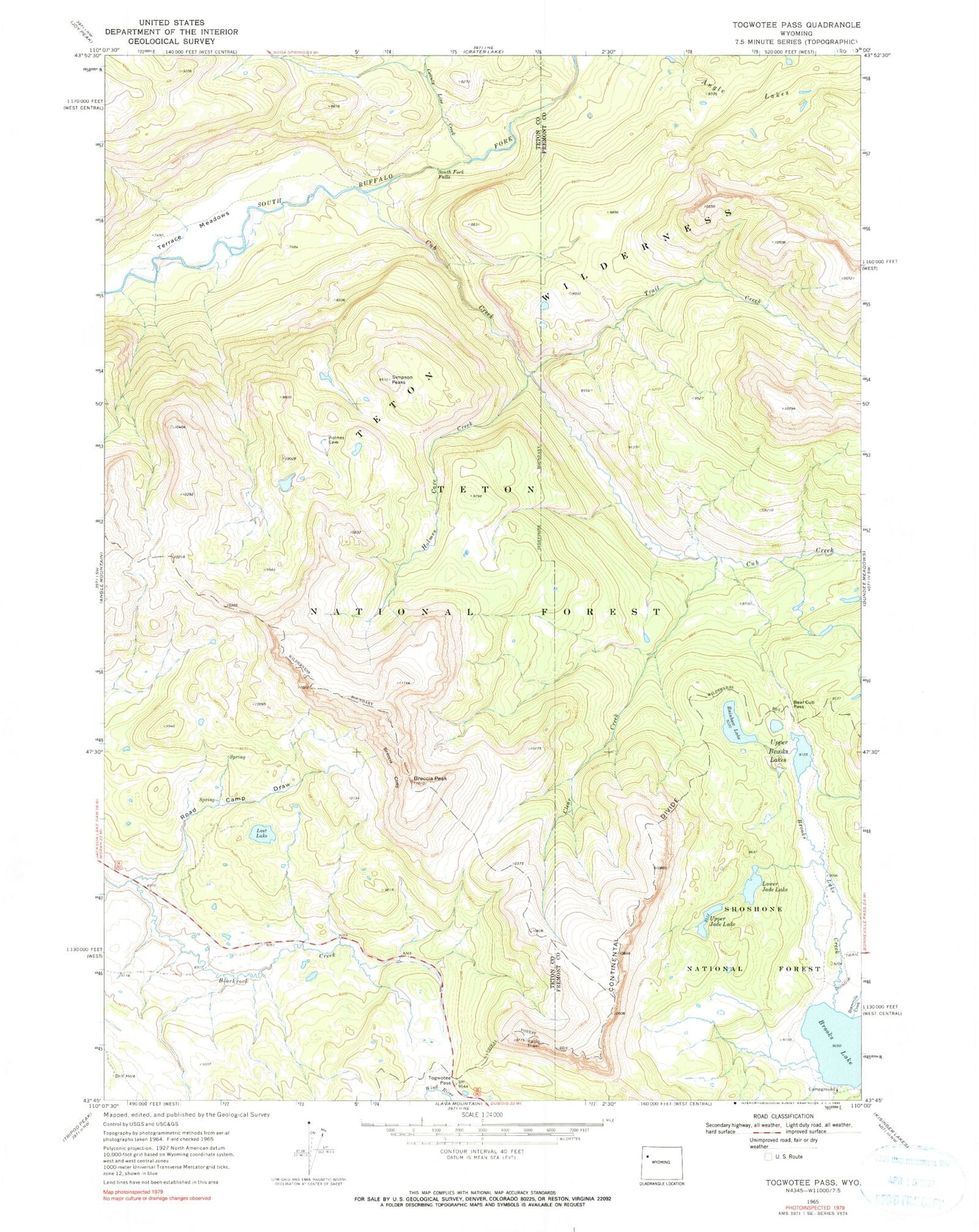 Classic USGS Togwotee Pass Wyoming 7.5'x7.5' Topo Map Image