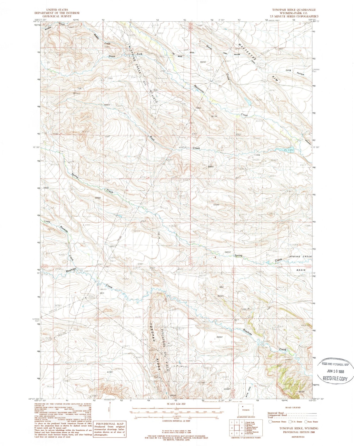 Classic USGS Tonopah Ridge Wyoming 7.5'x7.5' Topo Map Image