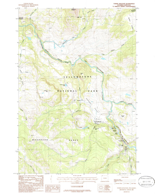 Classic USGS Tower Junction Wyoming 7.5'x7.5' Topo Map Image