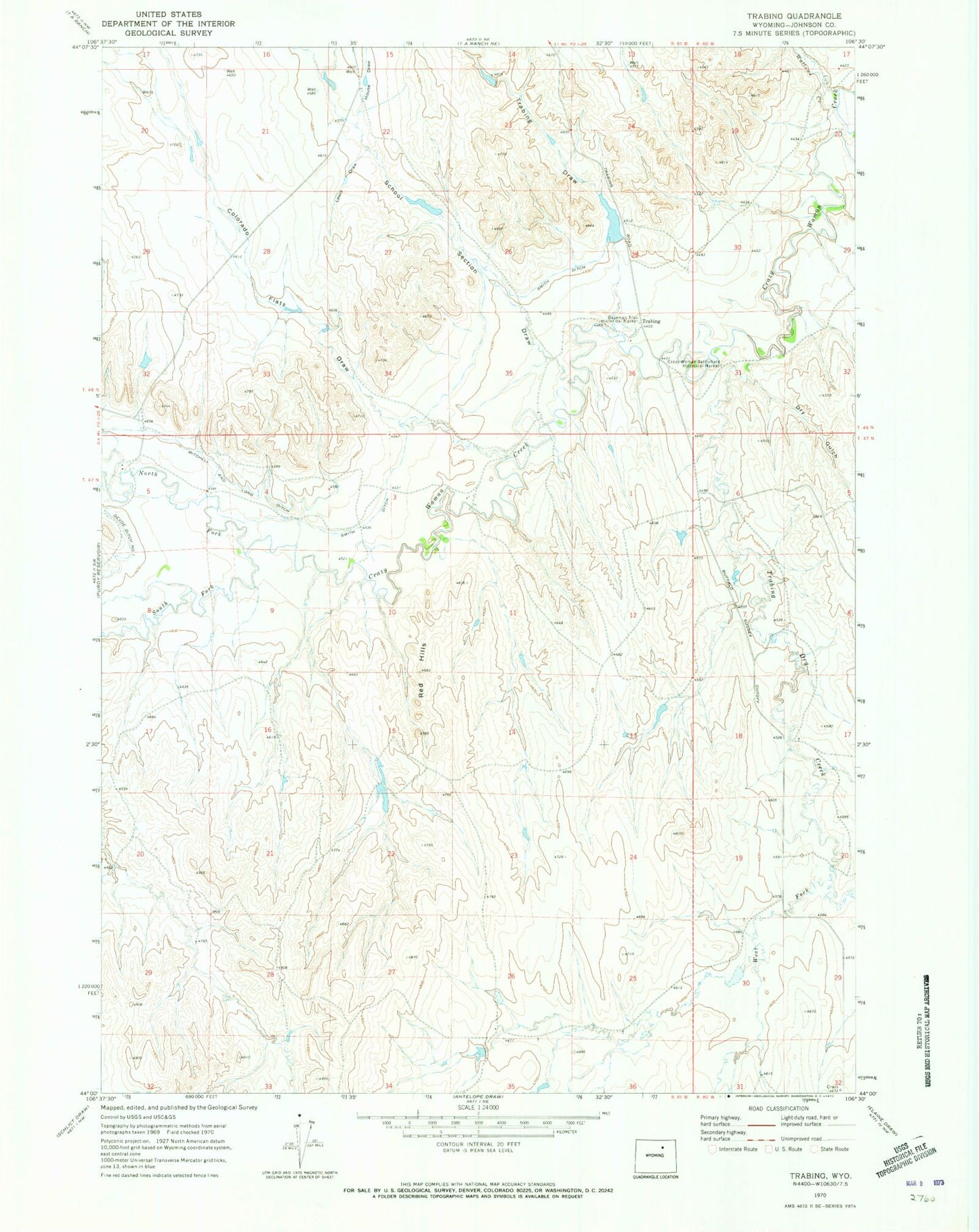 Classic USGS Trabing Wyoming 7.5'x7.5' Topo Map Image
