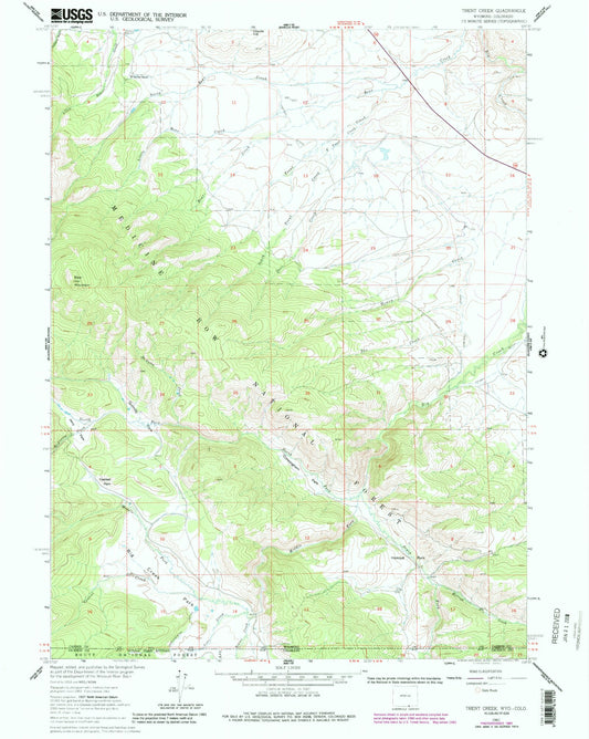 Classic USGS Trent Creek Wyoming 7.5'x7.5' Topo Map Image