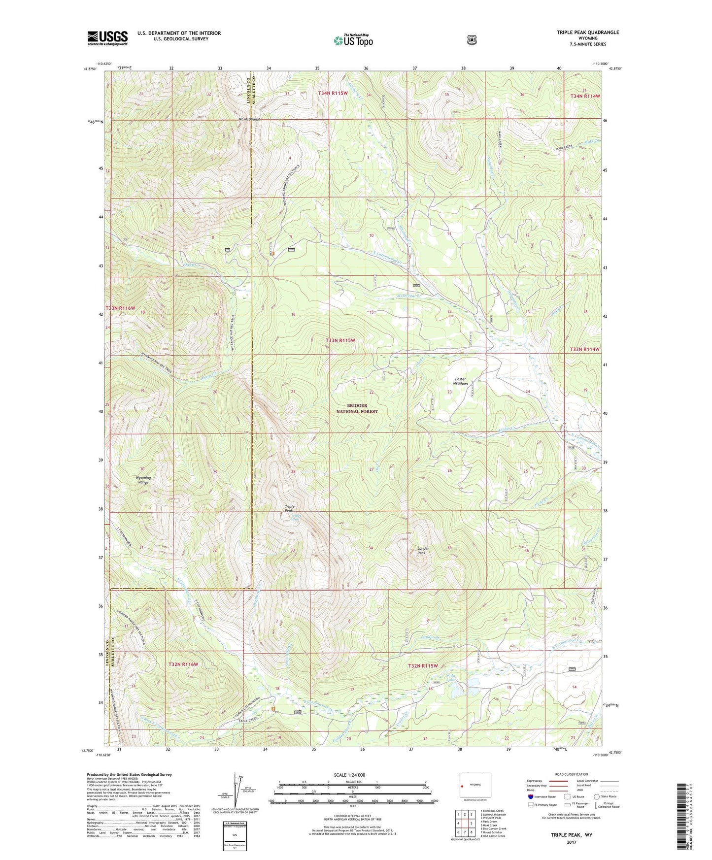 Triple Peak Wyoming US Topo Map Image