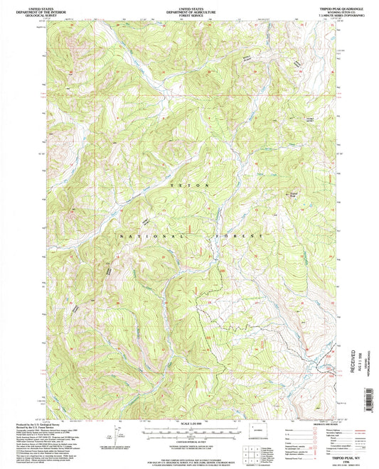 Classic USGS Tripod Peak Wyoming 7.5'x7.5' Topo Map Image