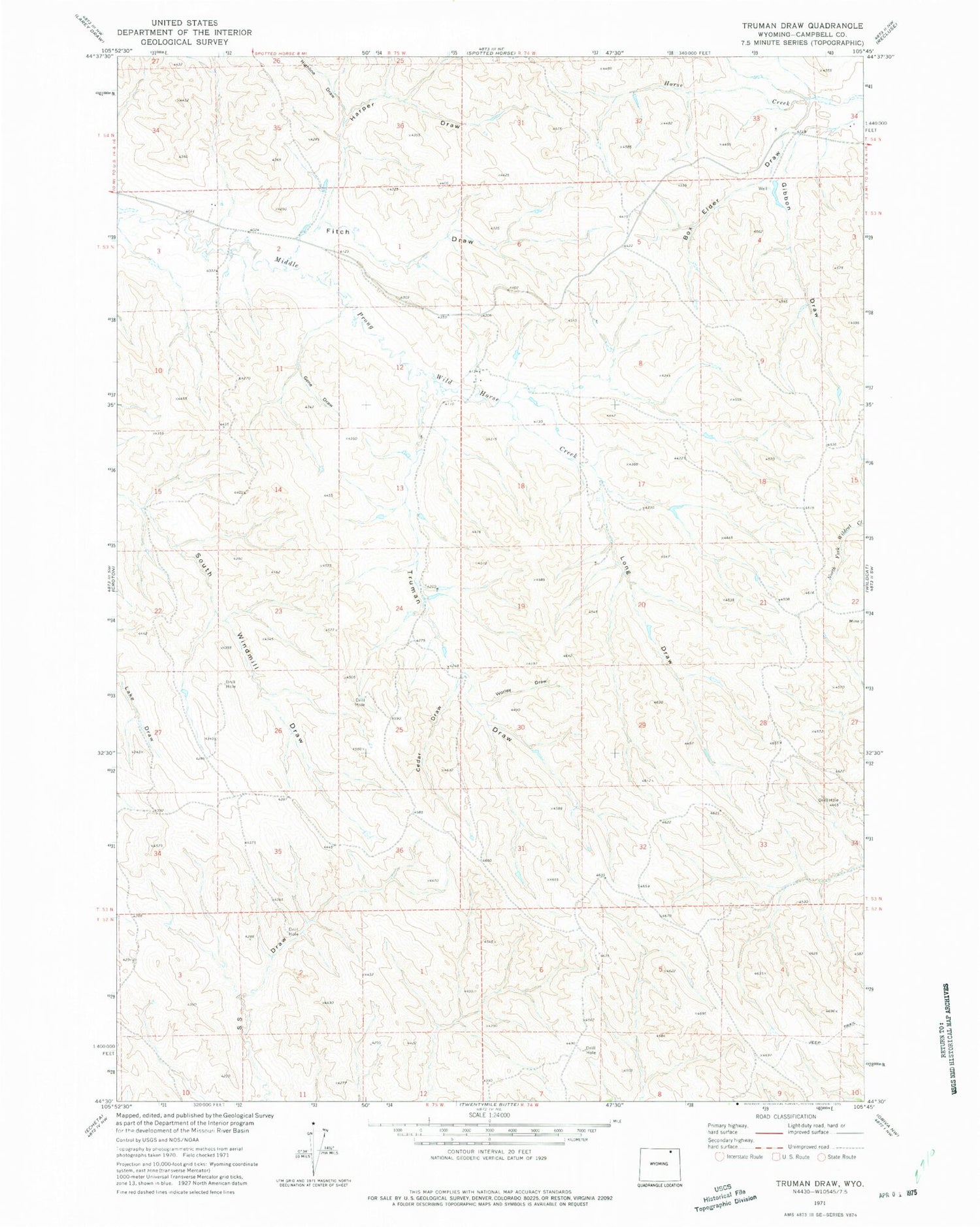 Classic USGS Truman Draw Wyoming 7.5'x7.5' Topo Map Image