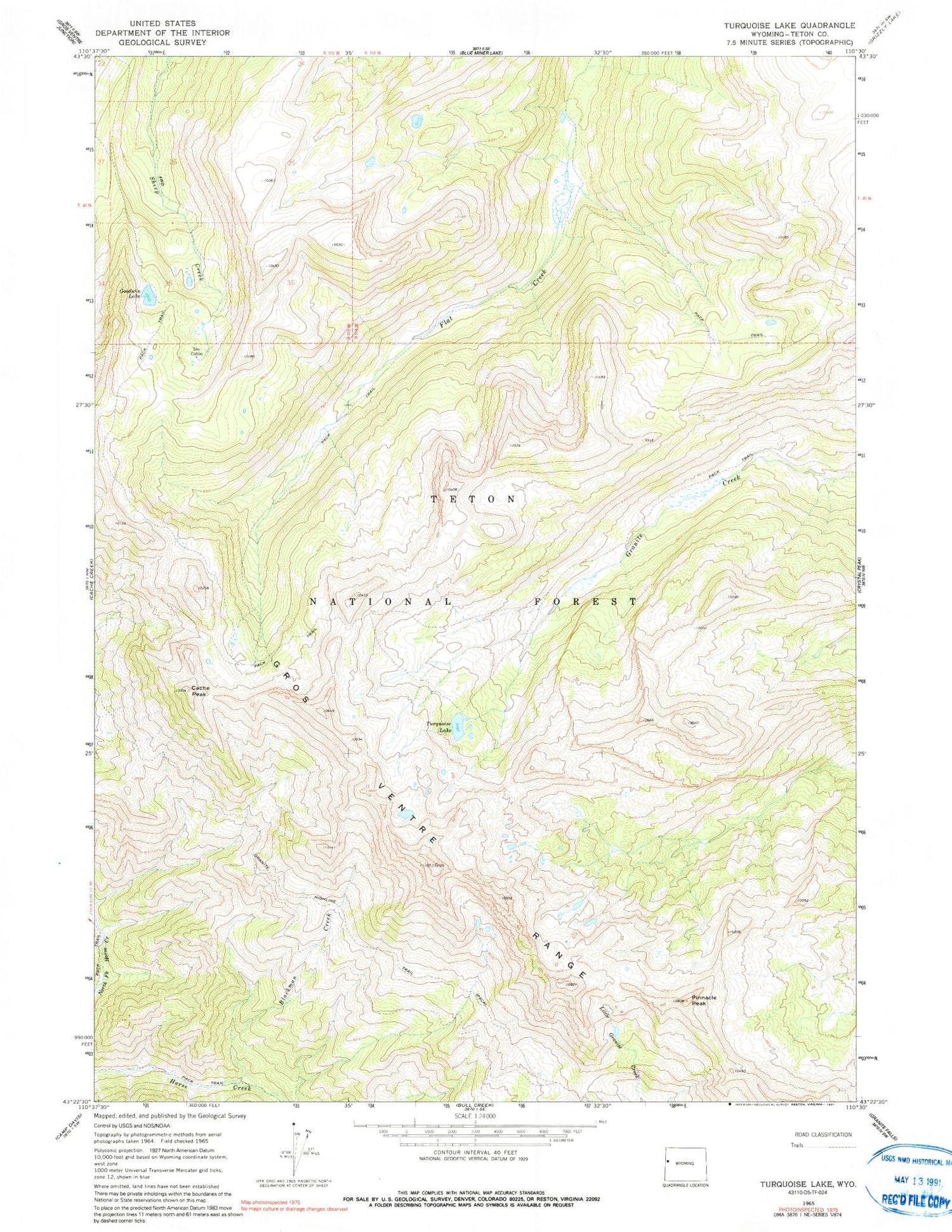 Classic USGS Turquoise Lake Wyoming 7.5'x7.5' Topo Map Image