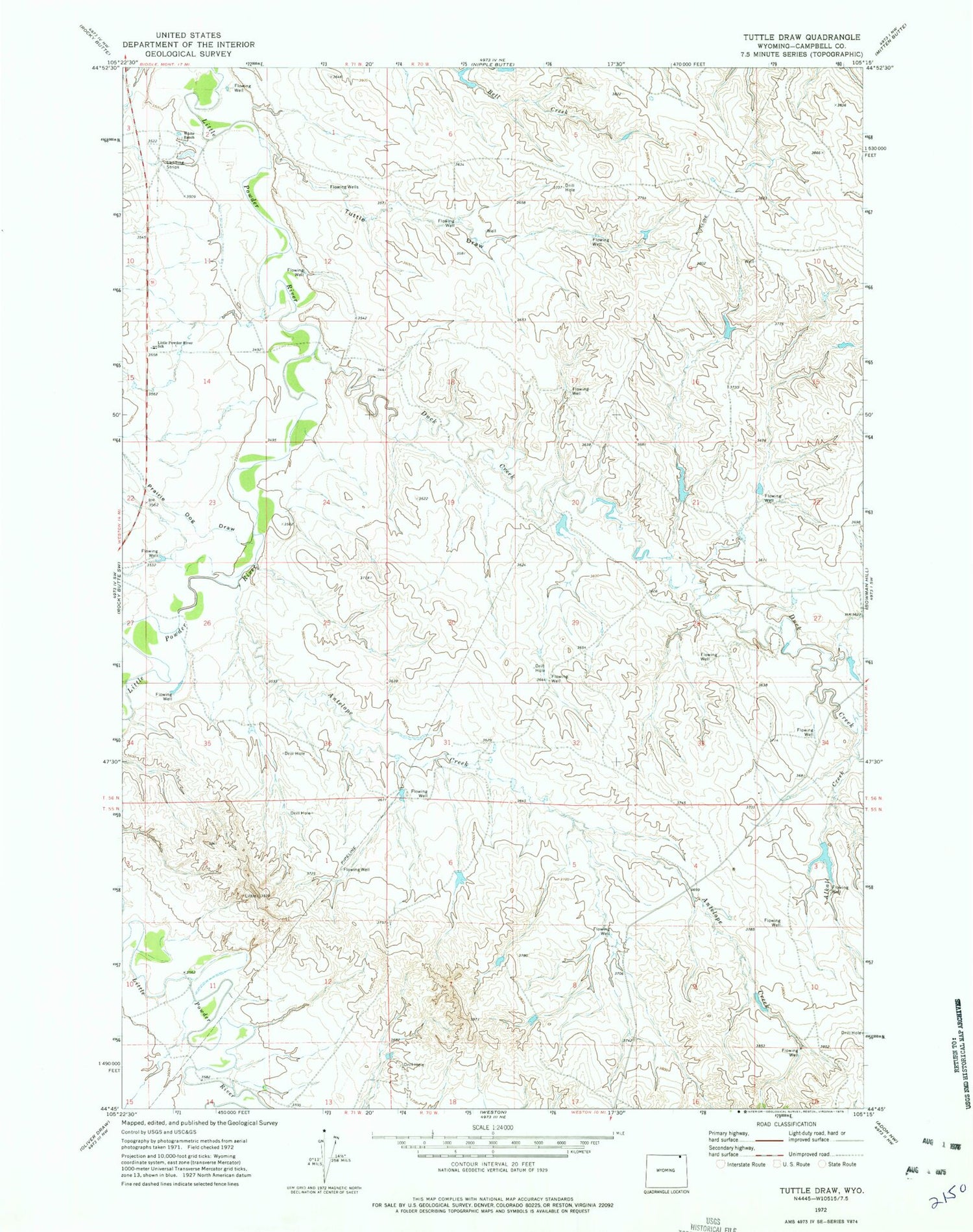 Classic USGS Tuttle Draw Wyoming 7.5'x7.5' Topo Map Image