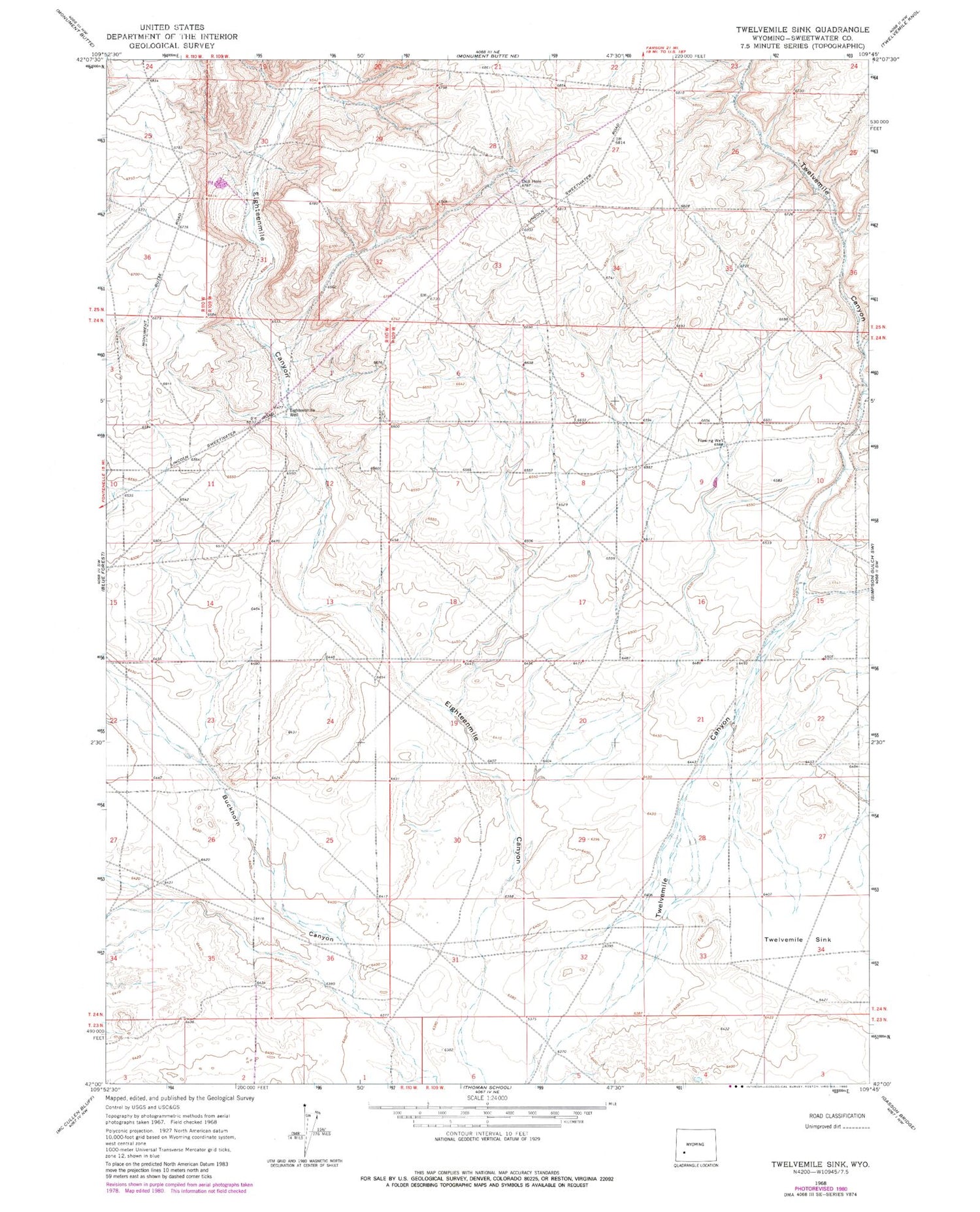Classic USGS Twelvemile Sink Wyoming 7.5'x7.5' Topo Map Image