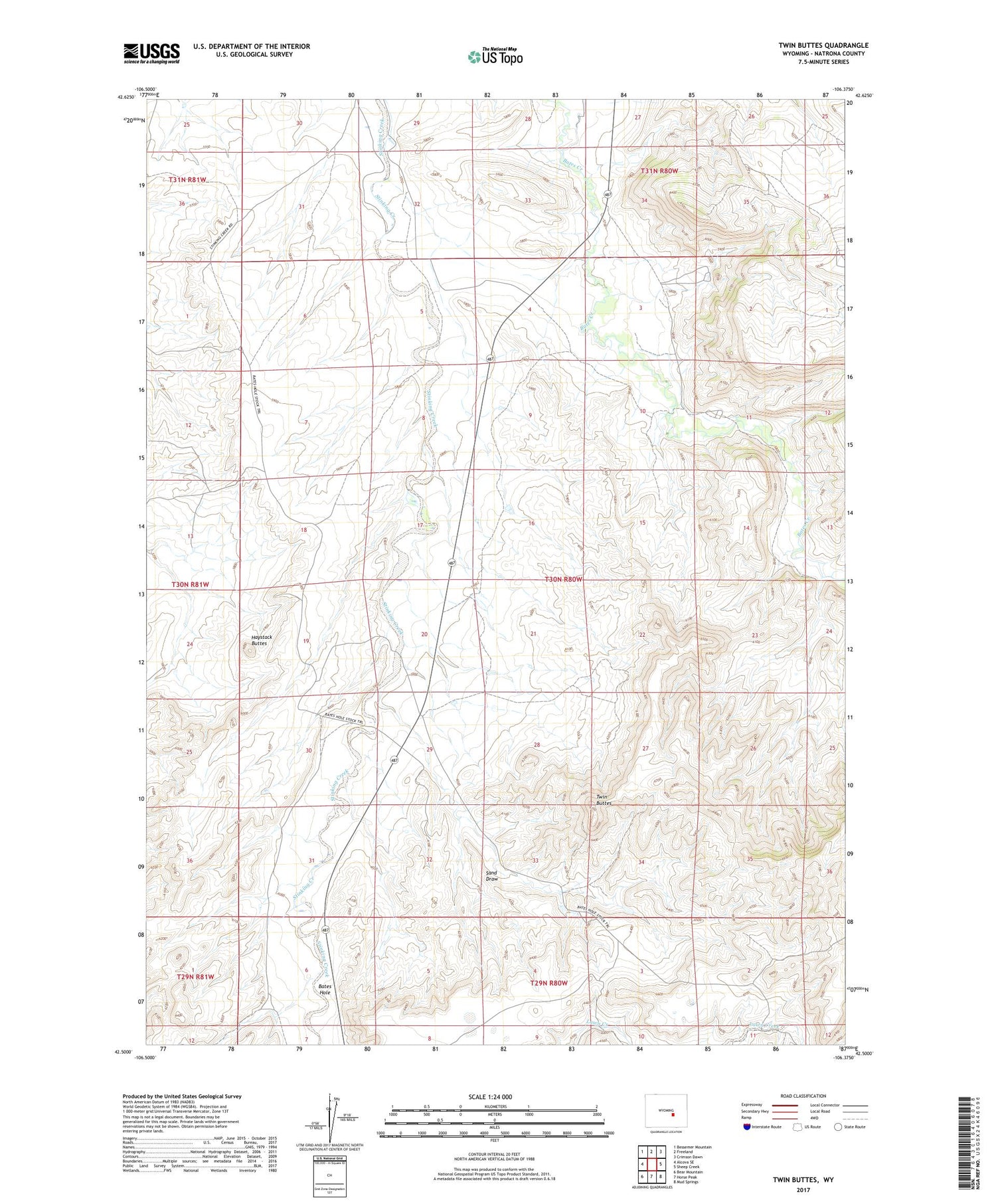 Twin Buttes Wyoming US Topo Map Image
