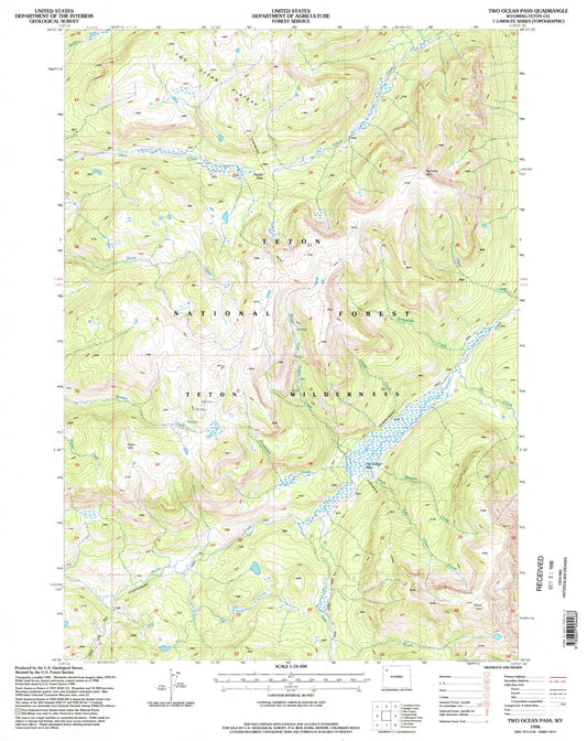 Classic USGS Two Ocean Pass Wyoming 7.5'x7.5' Topo Map Image
