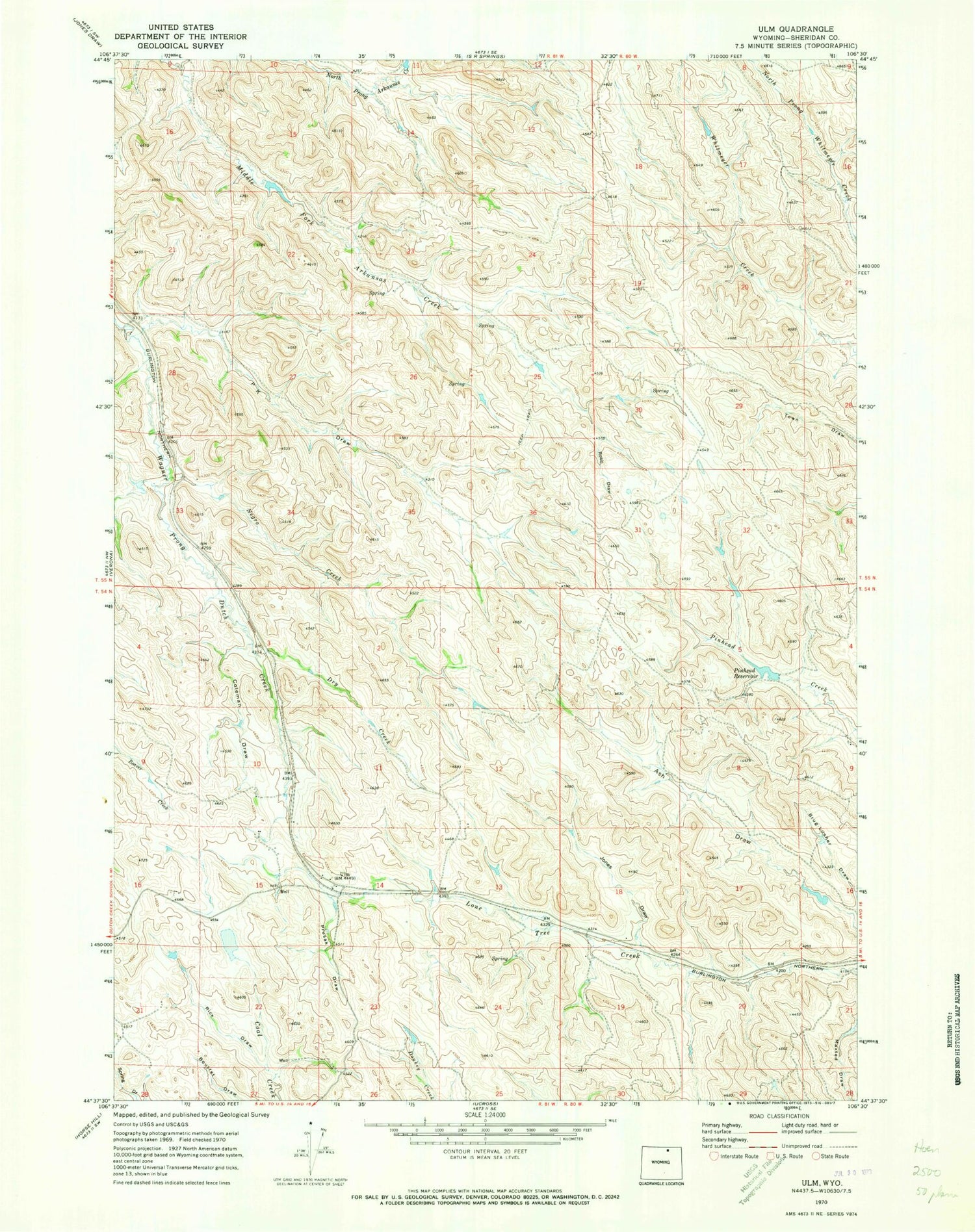 Classic USGS Ulm Wyoming 7.5'x7.5' Topo Map Image