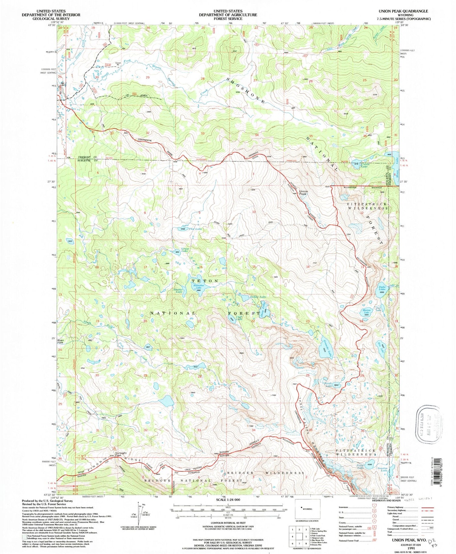 Classic USGS Union Peak Wyoming 7.5'x7.5' Topo Map Image