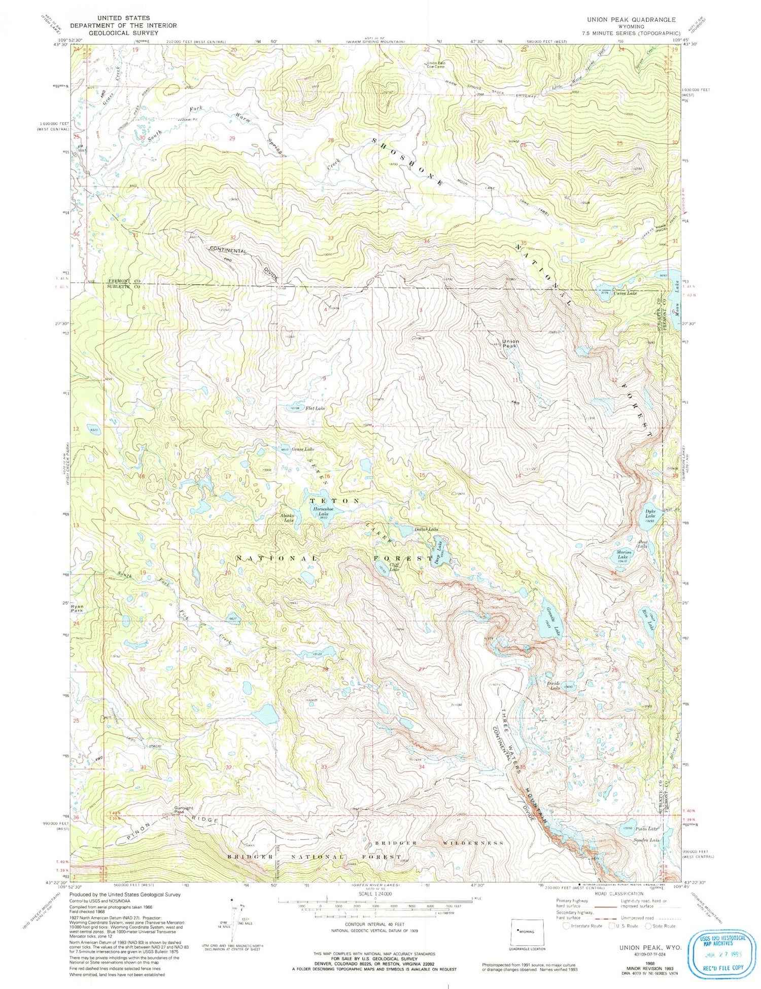 Classic USGS Union Peak Wyoming 7.5'x7.5' Topo Map Image