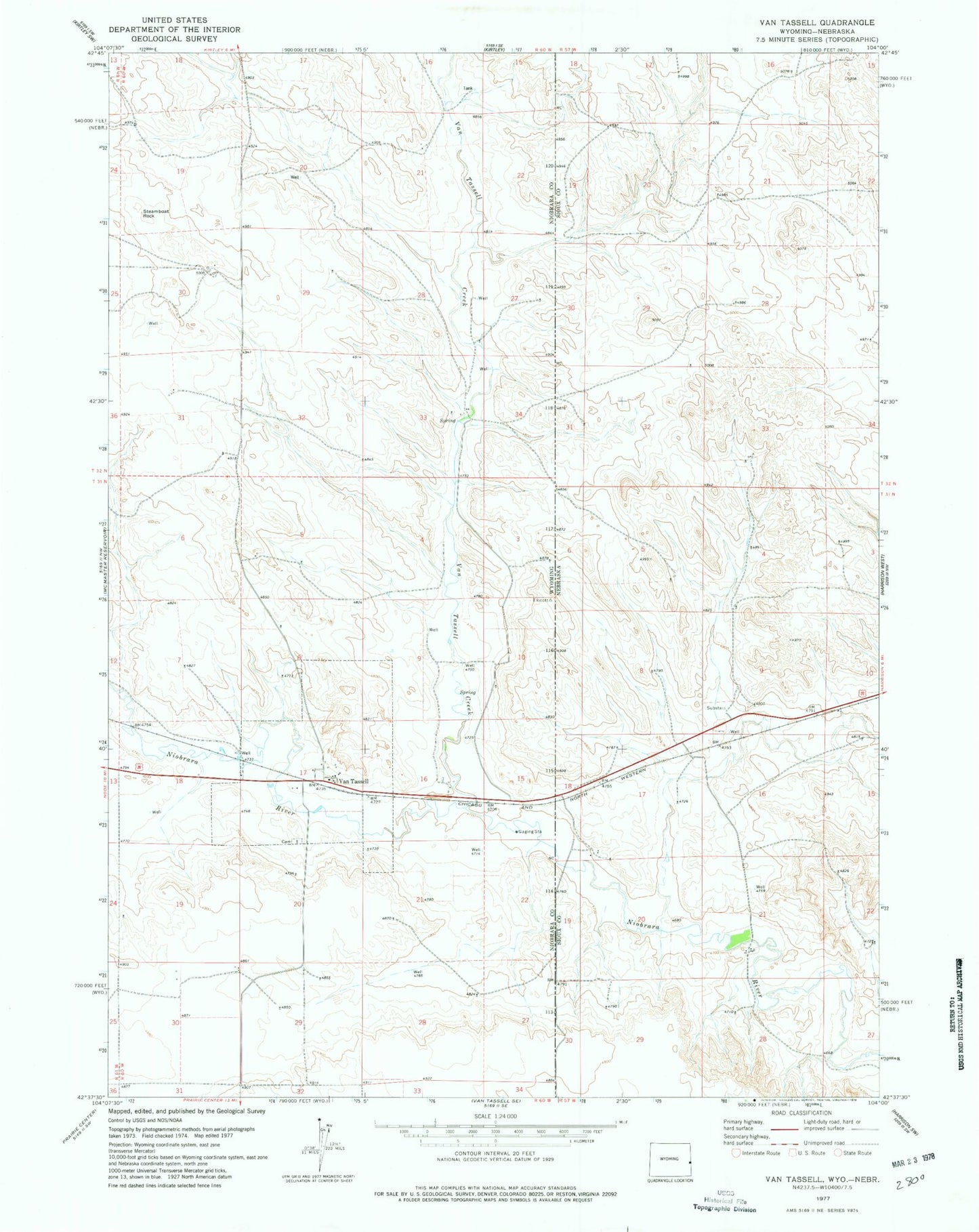 Classic USGS Van Tassell Wyoming 7.5'x7.5' Topo Map Image