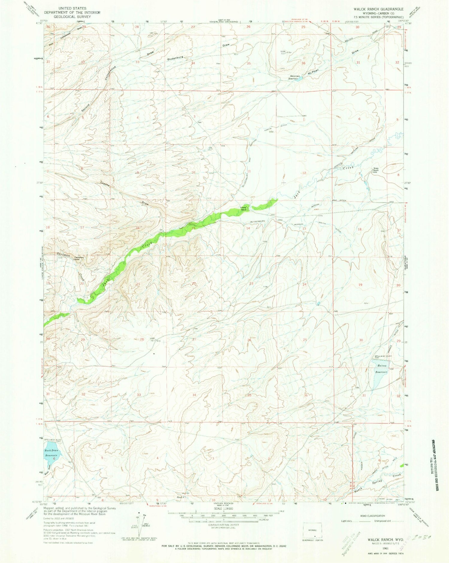 Classic USGS Walck Ranch Wyoming 7.5'x7.5' Topo Map Image