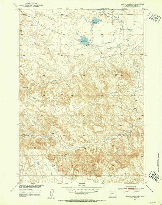 Classic USGS Wardel Reservoir Wyoming 7.5'x7.5' Topo Map Image