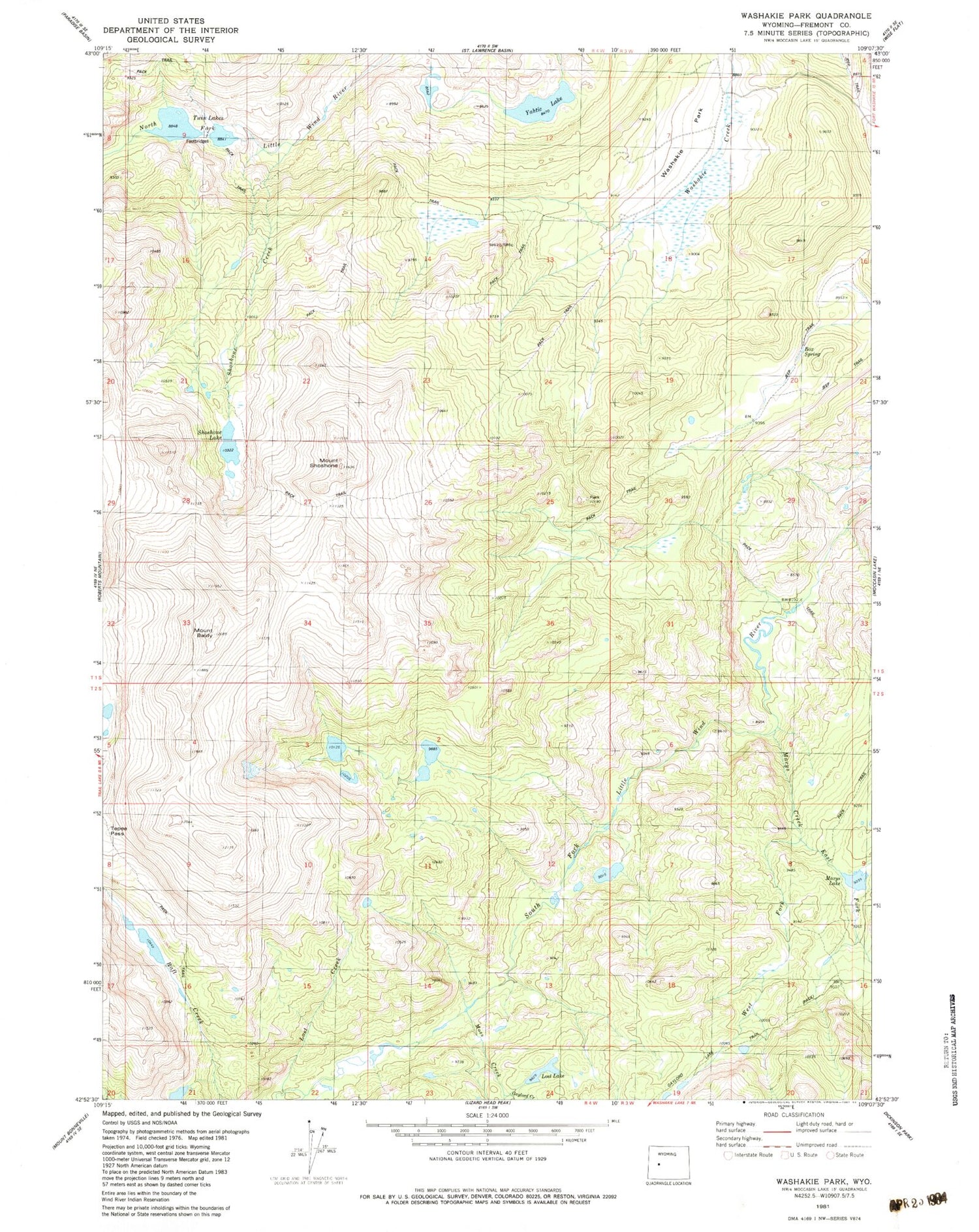 Classic USGS Washakie Park Wyoming 7.5'x7.5' Topo Map Image