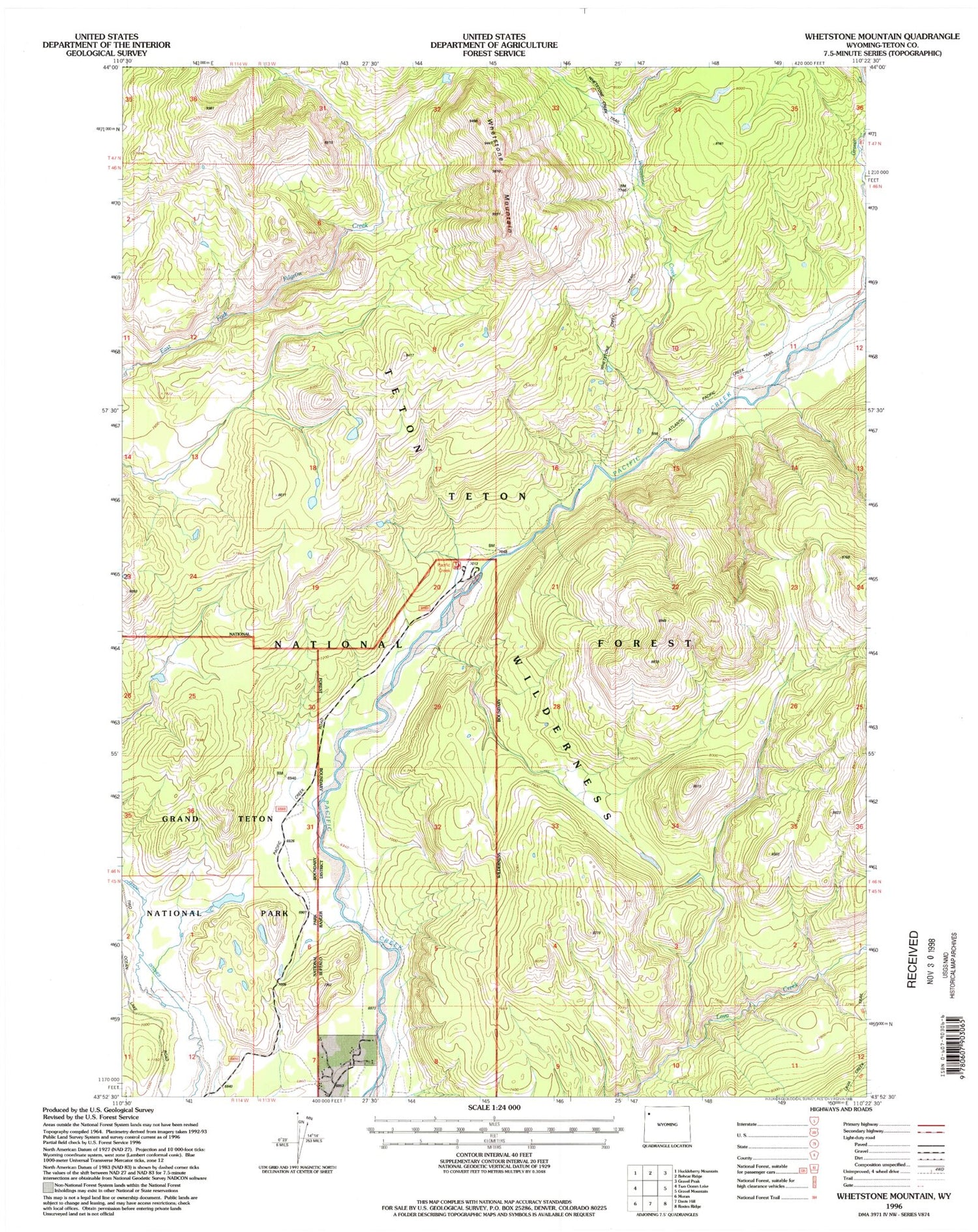 Classic USGS Whetstone Mountain Wyoming 7.5'x7.5' Topo Map Image