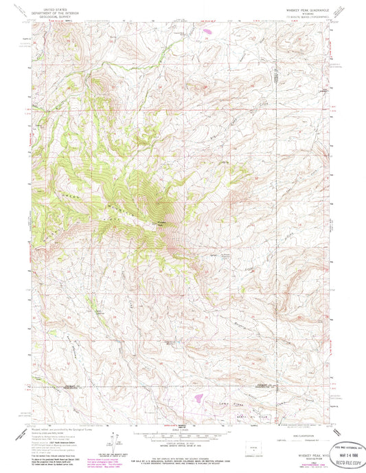 Classic USGS Whiskey Peak Wyoming 7.5'x7.5' Topo Map Image