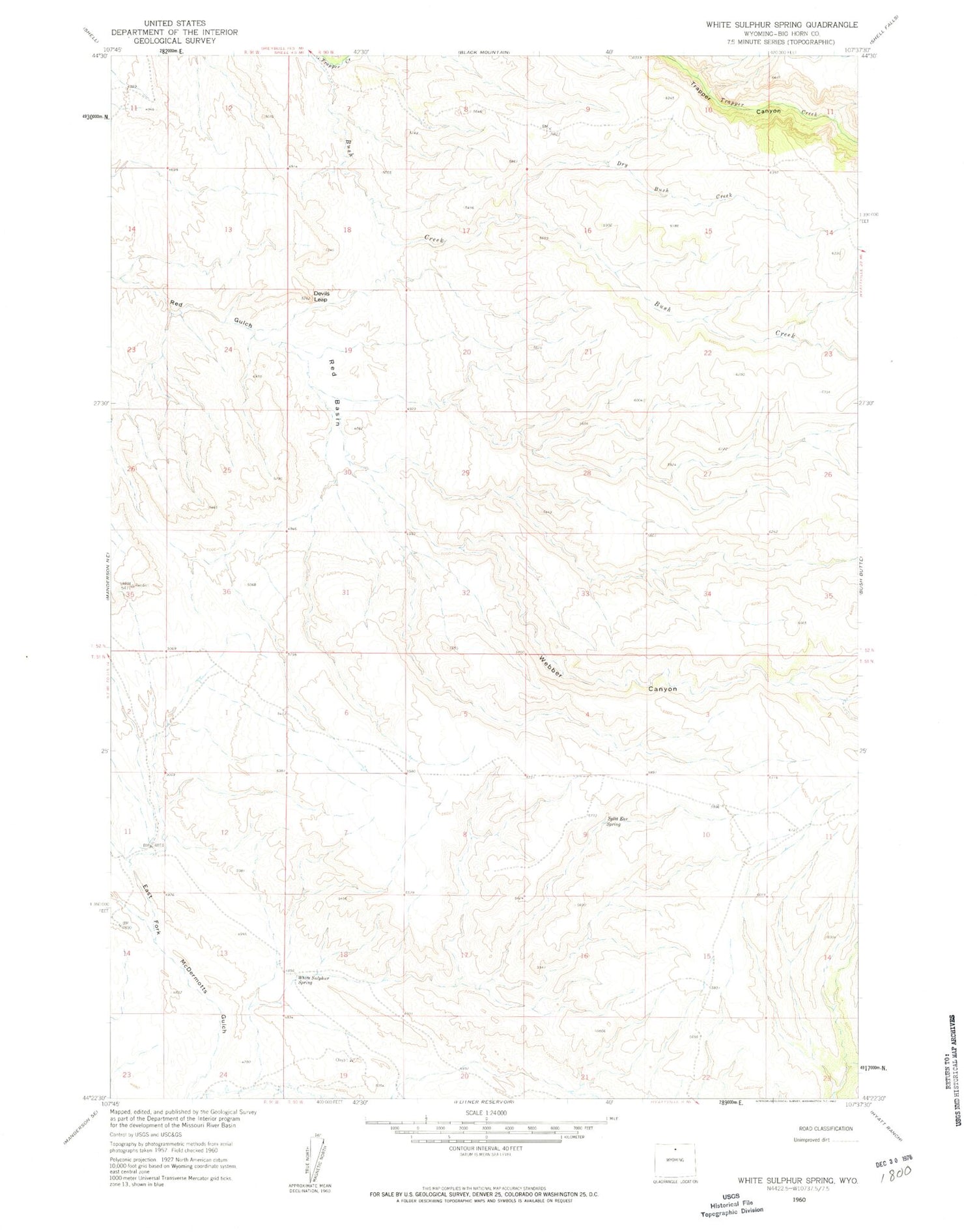 Classic USGS White Sulphur Spring Wyoming 7.5'x7.5' Topo Map Image