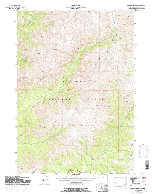 Classic USGS Wiggins Peak Wyoming 7.5'x7.5' Topo Map Image