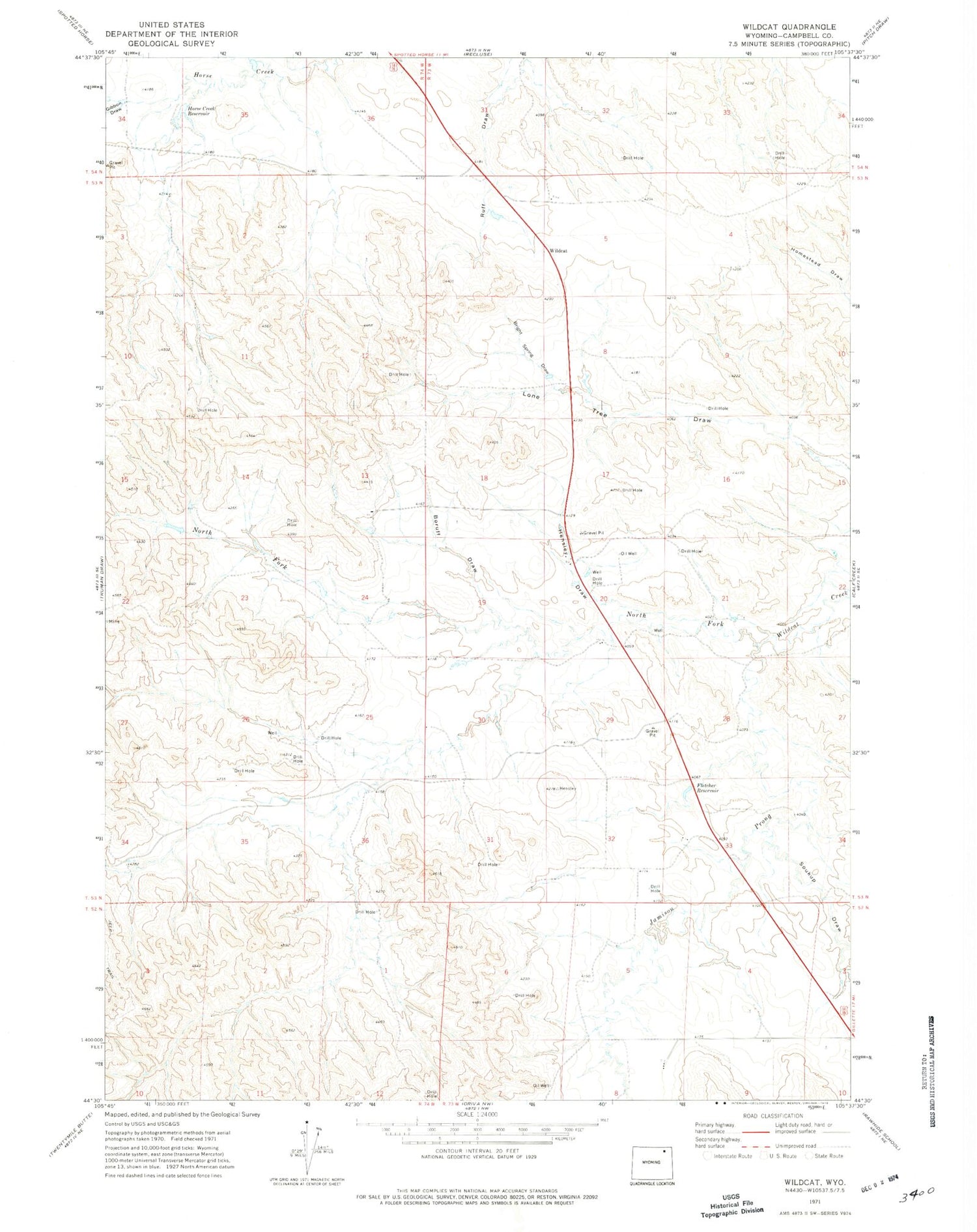 Classic USGS Wildcat Wyoming 7.5'x7.5' Topo Map Image