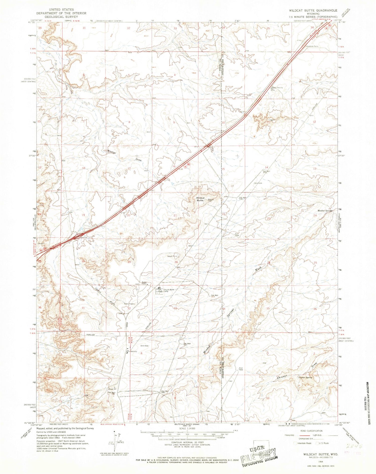 Classic USGS Wildcat Butte Wyoming 7.5'x7.5' Topo Map Image