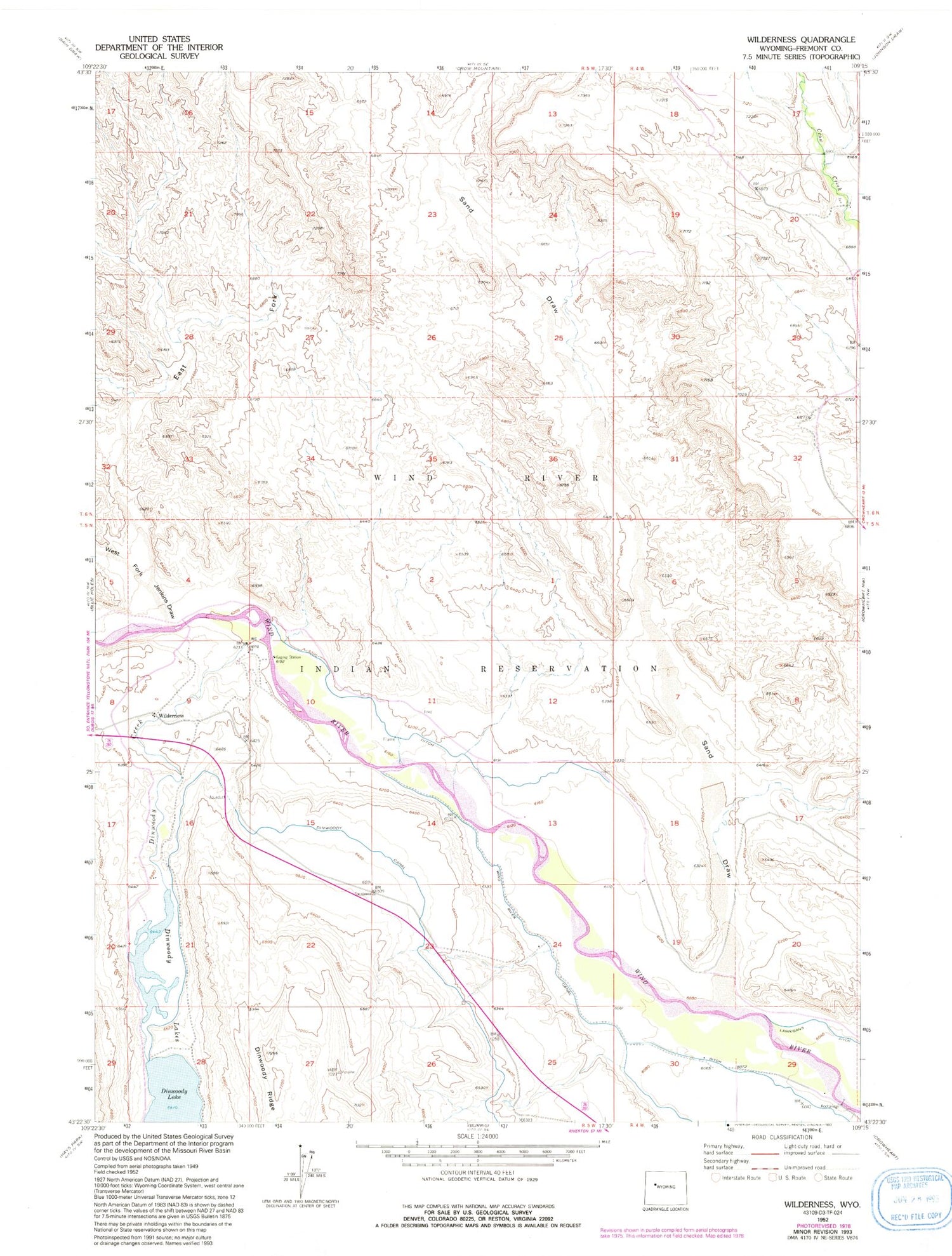 Classic USGS Wilderness Wyoming 7.5'x7.5' Topo Map Image