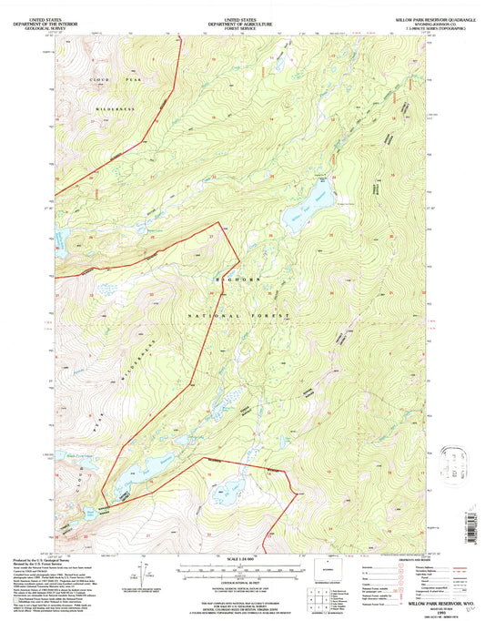 Classic USGS Willow Park Reservoir Wyoming 7.5'x7.5' Topo Map Image