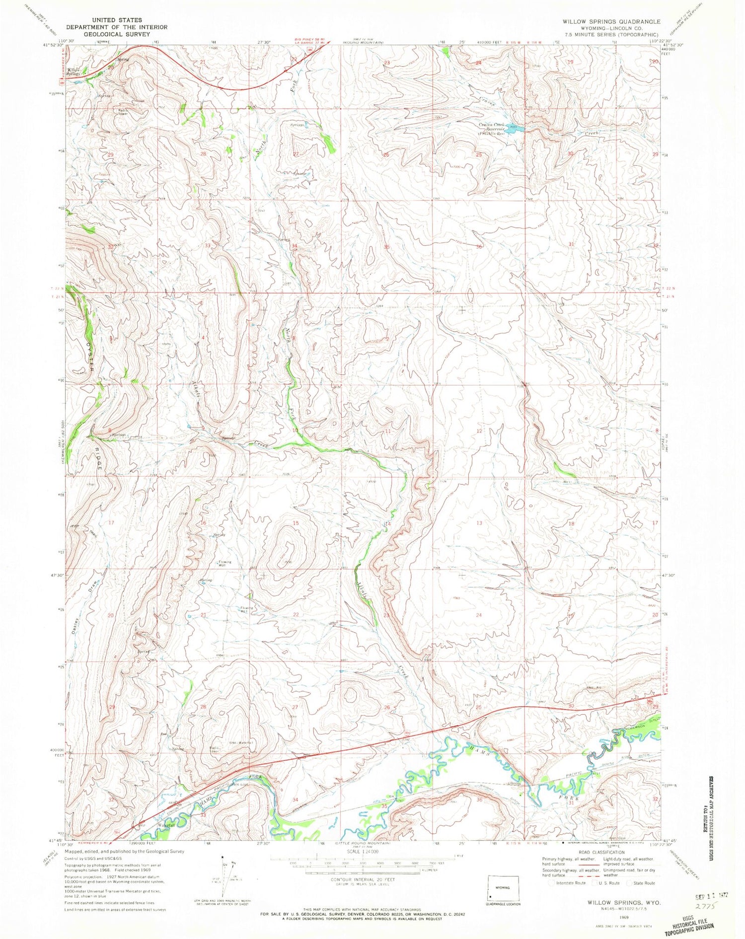Classic USGS Willow Springs Wyoming 7.5'x7.5' Topo Map Image