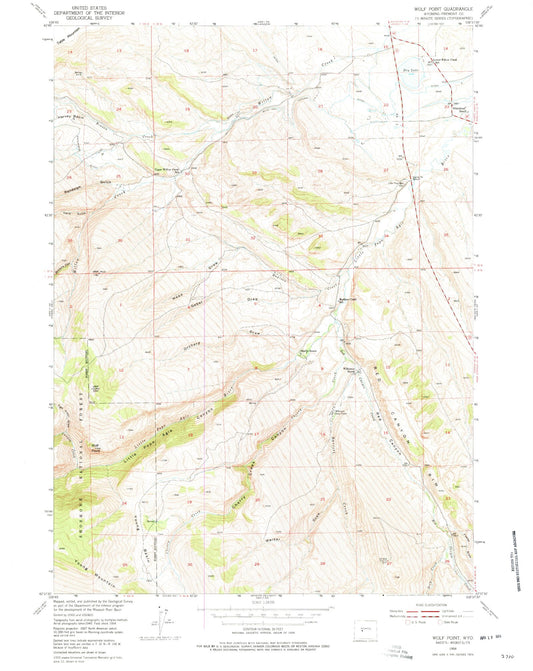 Classic USGS Wolf Point Wyoming 7.5'x7.5' Topo Map Image