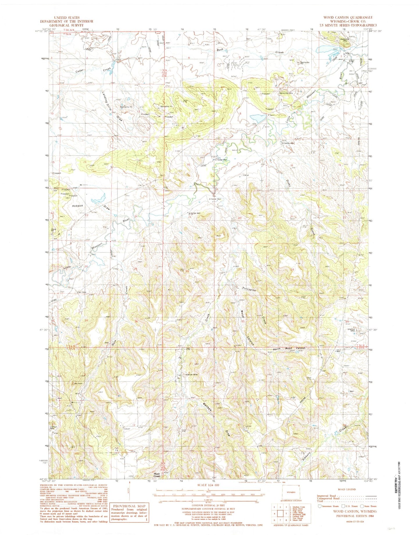 Classic USGS Wood Canyon Wyoming 7.5'x7.5' Topo Map Image