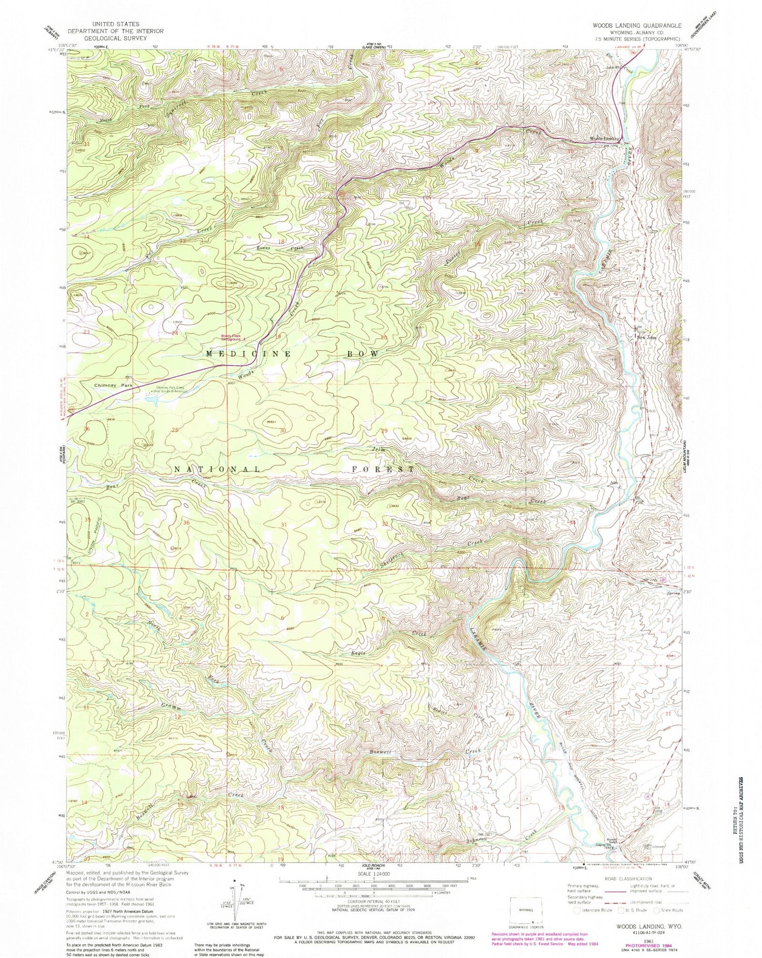 Classic USGS Woods Landing Wyoming 7.5'x7.5' Topo Map Image