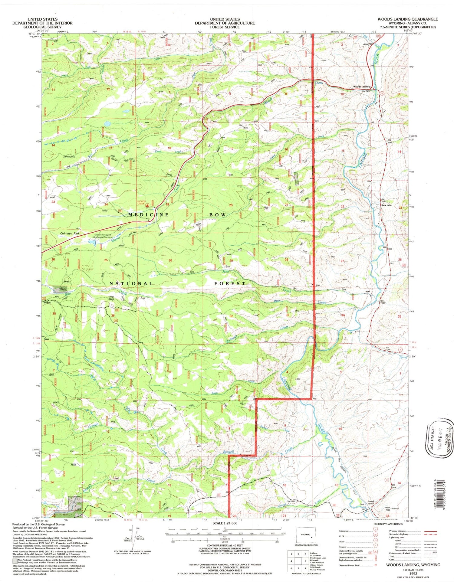 Classic USGS Woods Landing Wyoming 7.5'x7.5' Topo Map Image