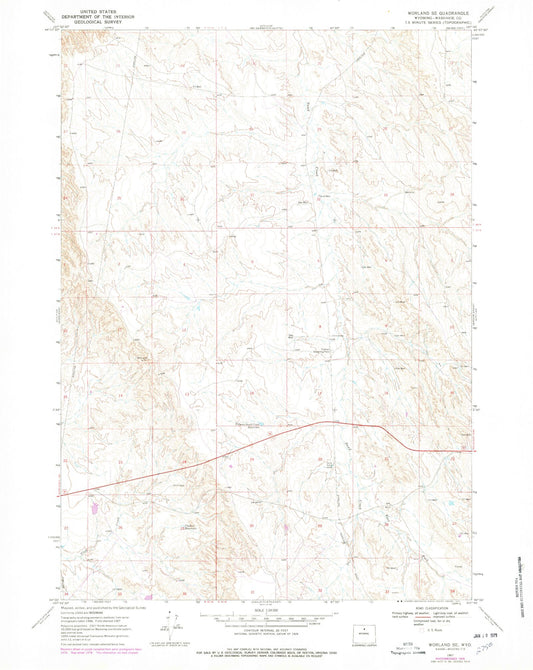Classic USGS Worland SE Wyoming 7.5'x7.5' Topo Map Image