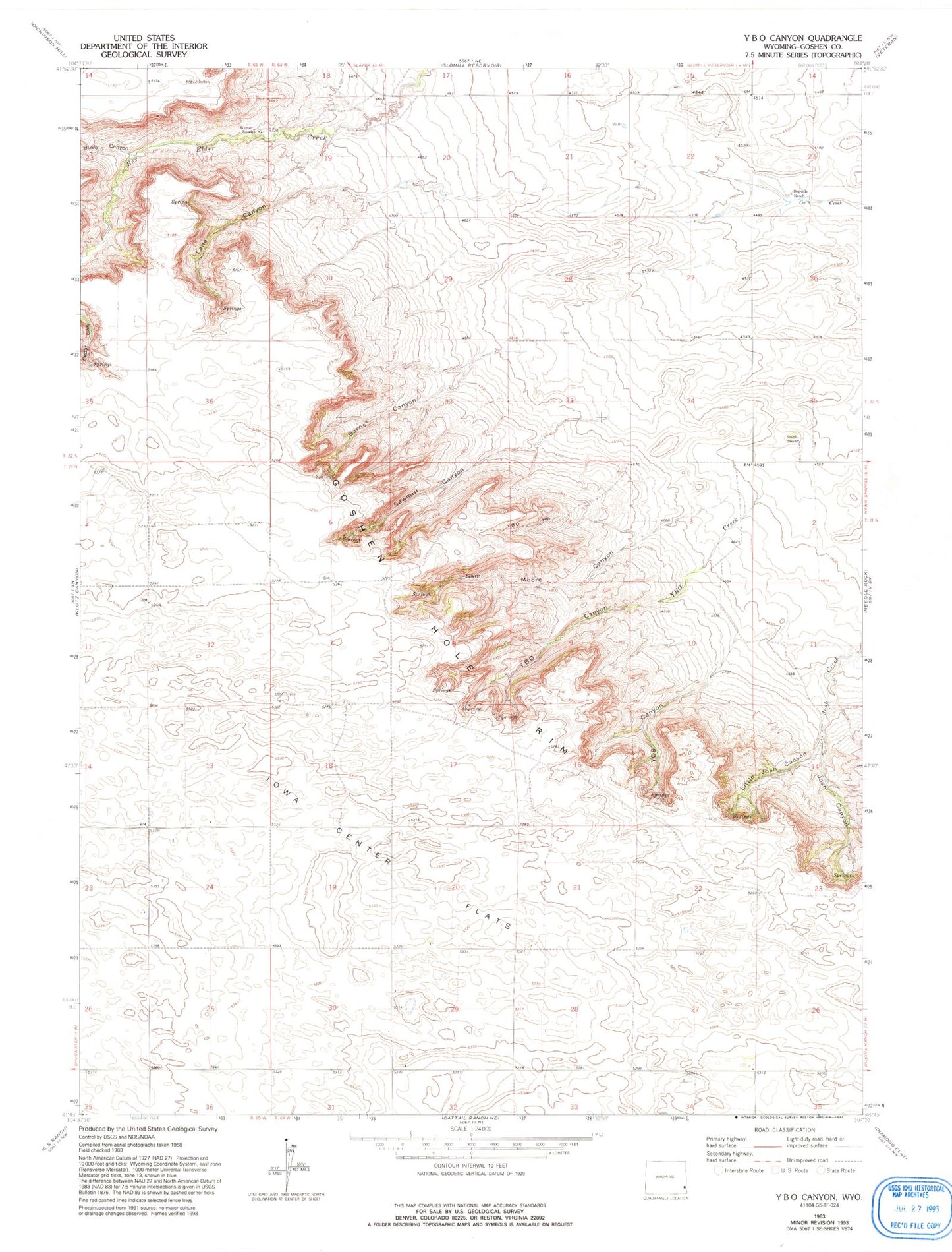Classic USGS Y B O Canyon Wyoming 7.5'x7.5' Topo Map Image