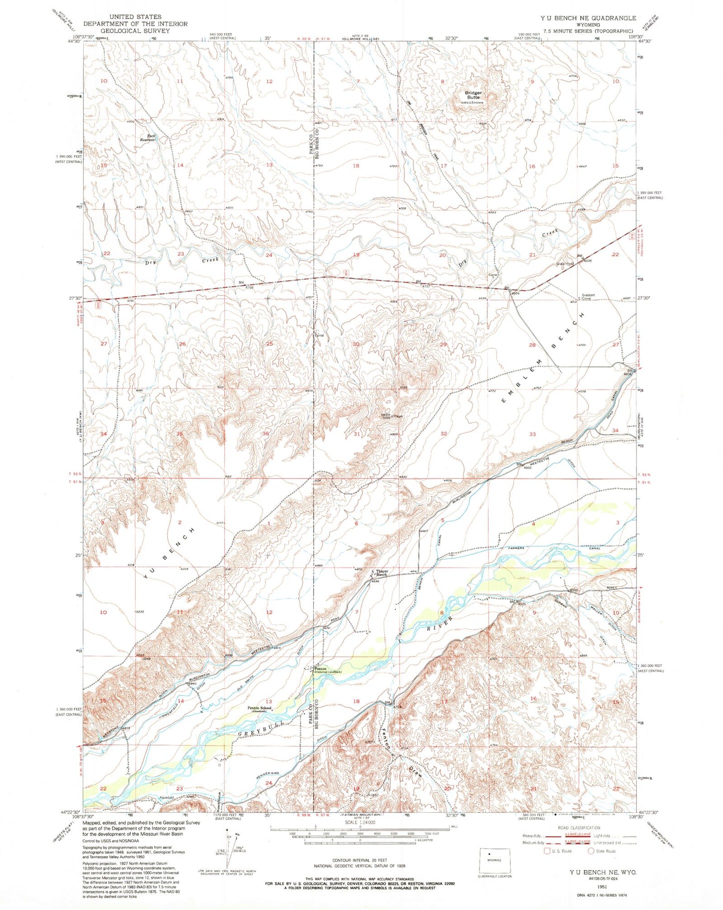 Classic USGS Y U Bench NE Wyoming 7.5'x7.5' Topo Map Image