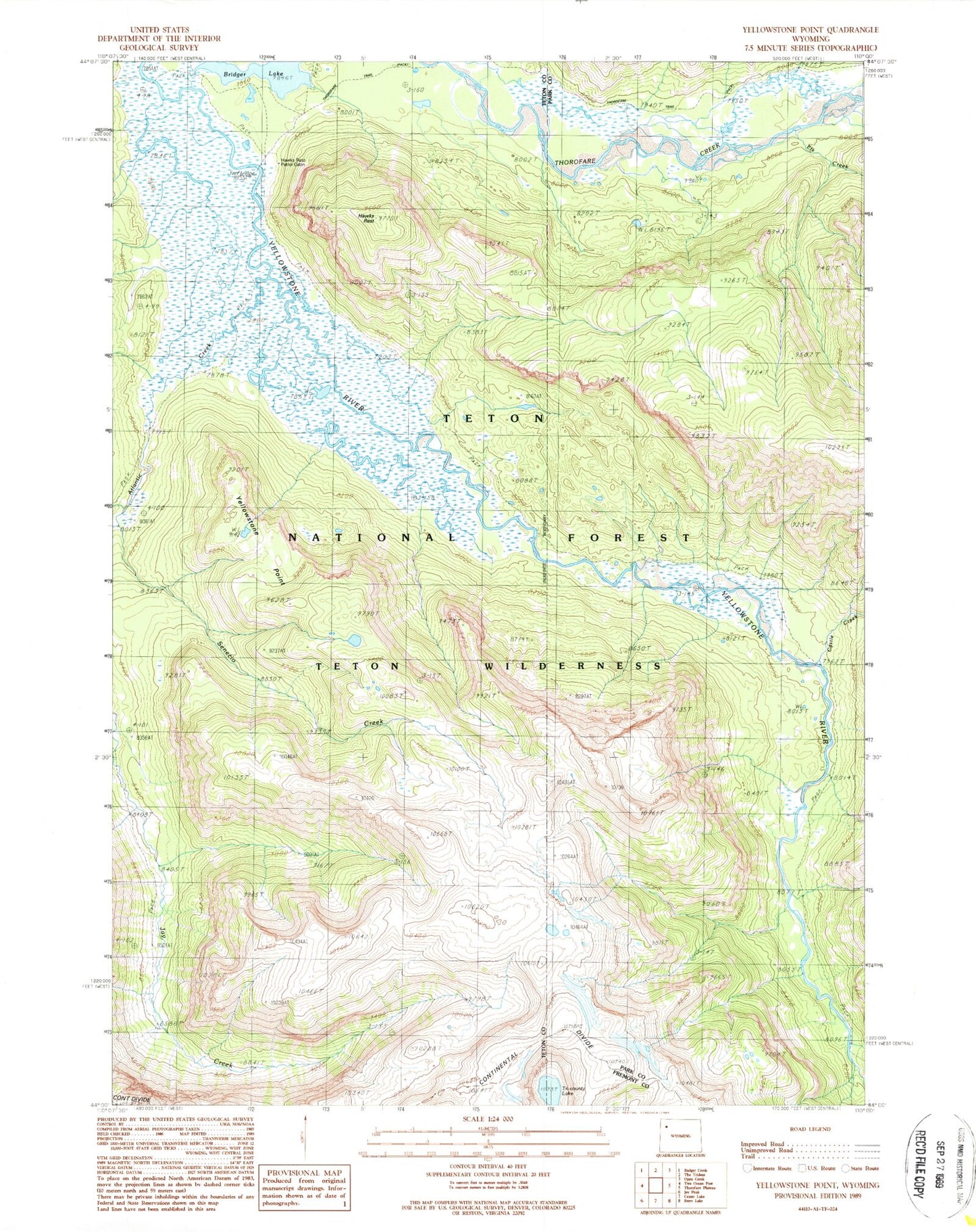 Classic USGS Yellowstone Point Wyoming 7.5'x7.5' Topo Map Image
