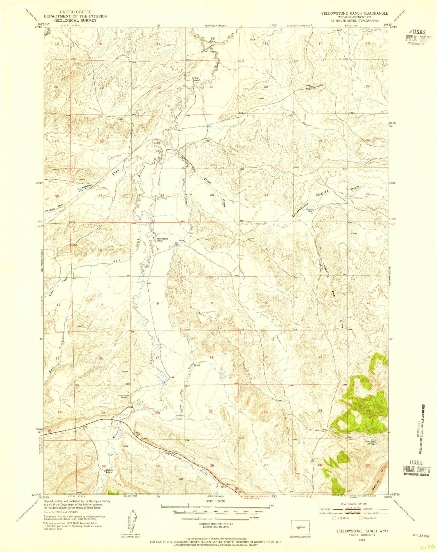 Classic USGS Yellowstone Ranch Wyoming 7.5'x7.5' Topo Map Image