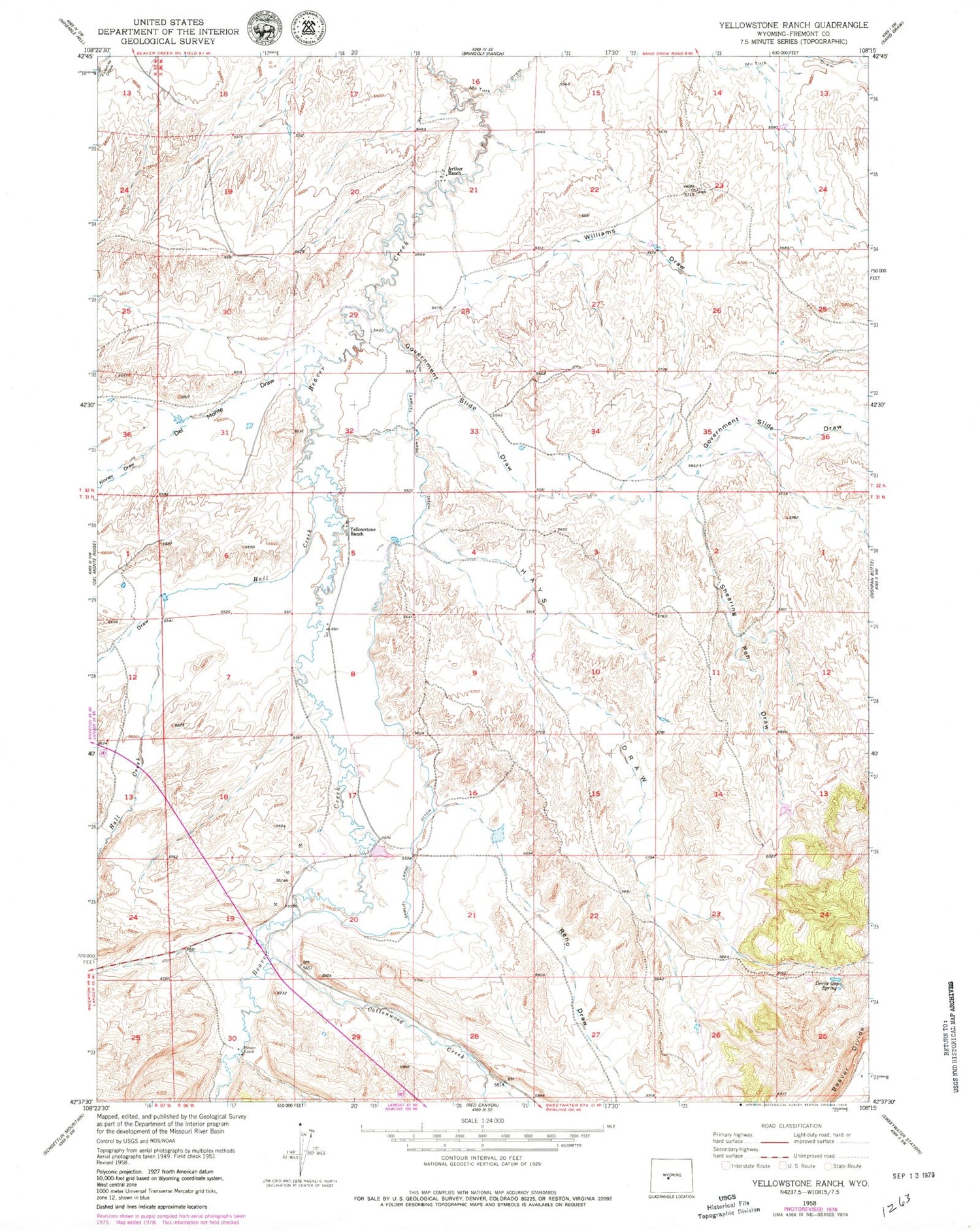 Classic USGS Yellowstone Ranch Wyoming 7.5'x7.5' Topo Map Image