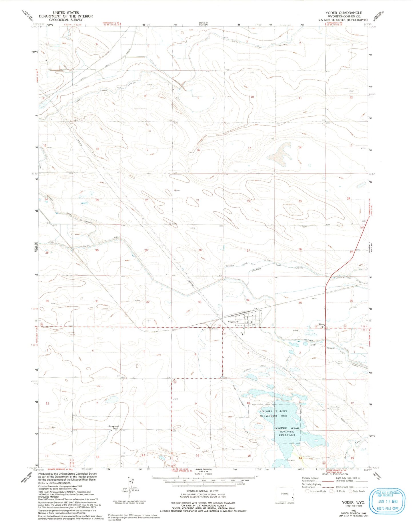 Classic USGS Yoder Wyoming 7.5'x7.5' Topo Map Image