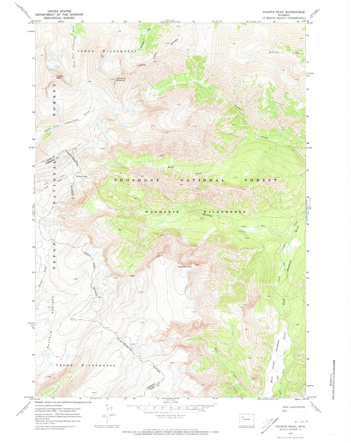 Classic USGS Younts Peak Wyoming 7.5'x7.5' Topo Map Image