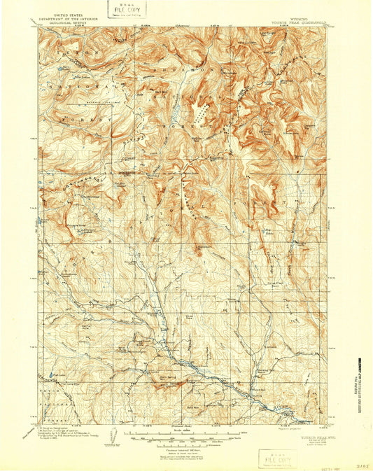 Historic 1907 Younts Peak Wyoming 30'x30' Topo Map Image